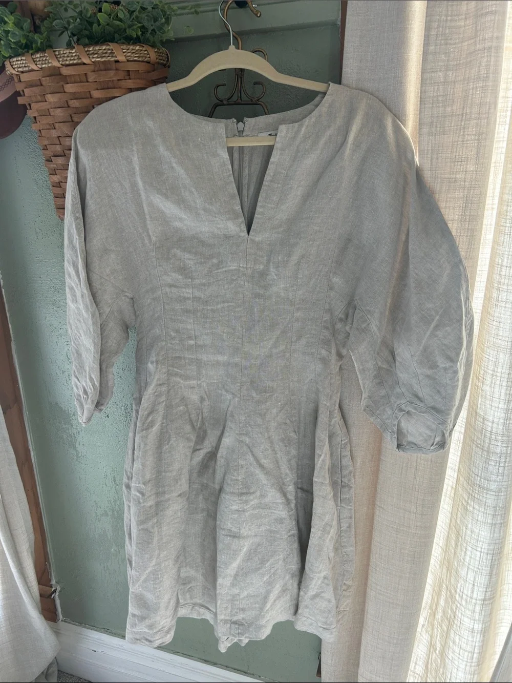 Madewell Khaki Linen Midi dress with V-Notch Neck - Picture 1 of 5